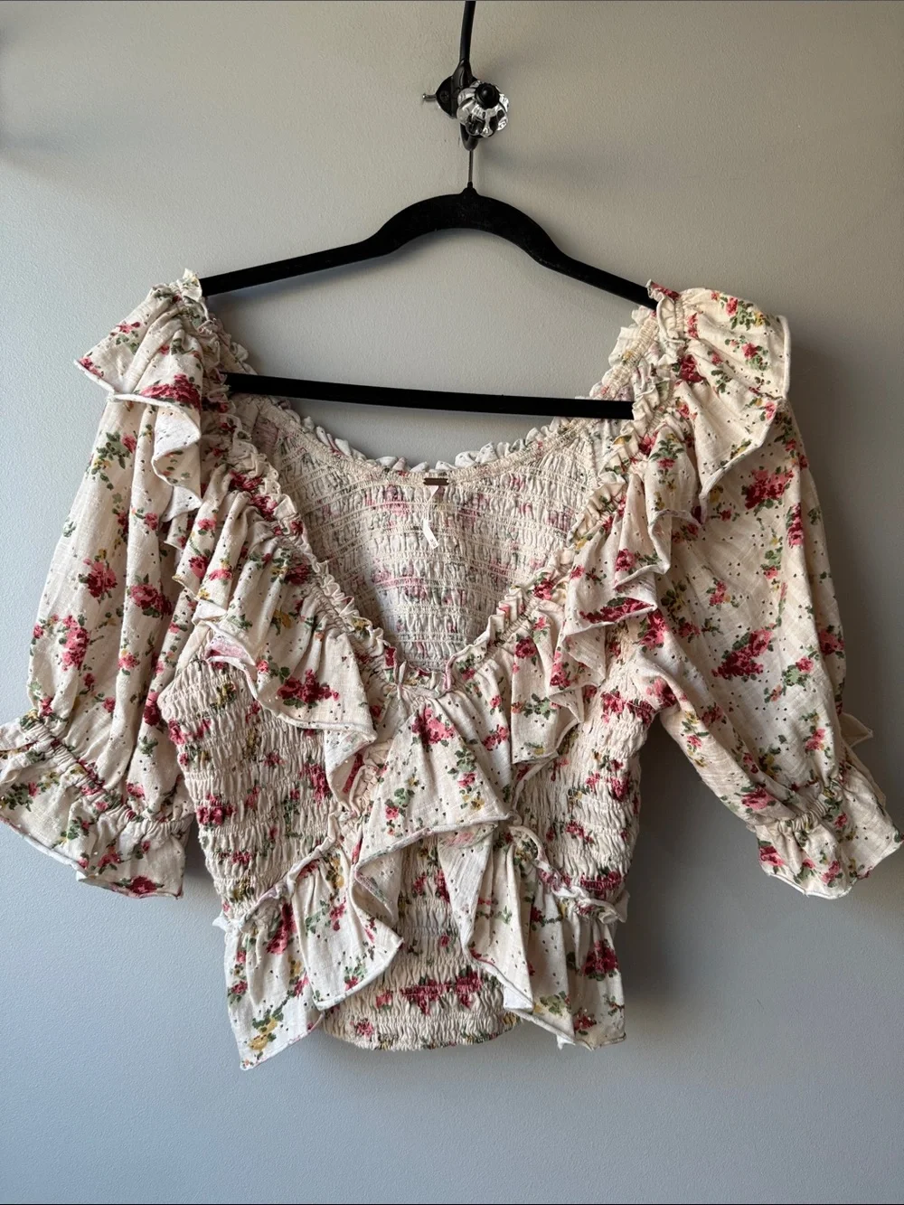 Free People favorite girl Cream Floral Ruffle Smocked crop Top medium cotton